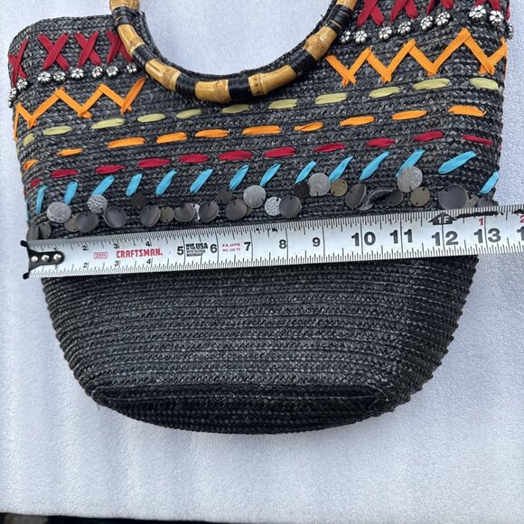 Black Woven Tote With Bamboo Handles & Colorful Embellishments - Picture 9 of 11